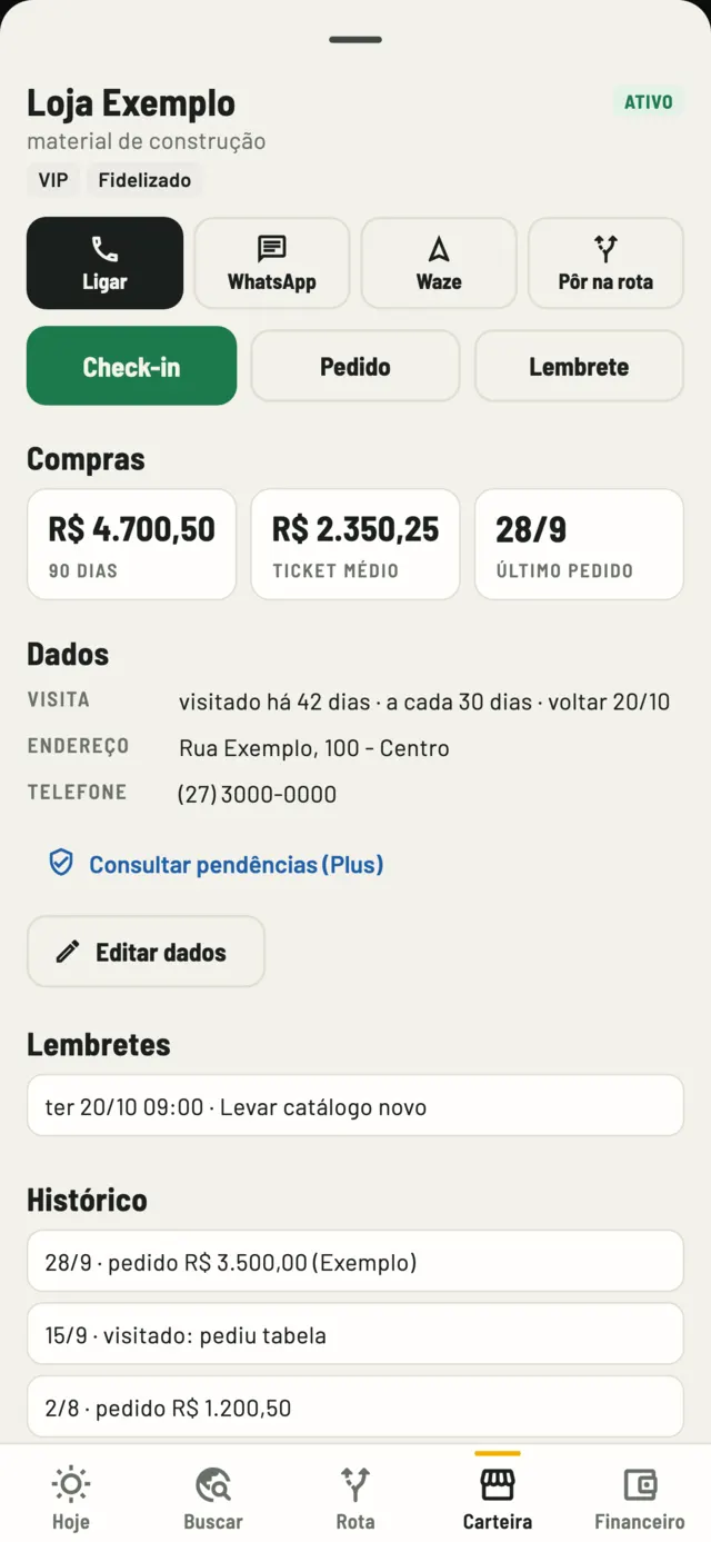 Ficha do cliente com botões de ligar, WhatsApp, Waze, check-in, pedido e o histórico de compras