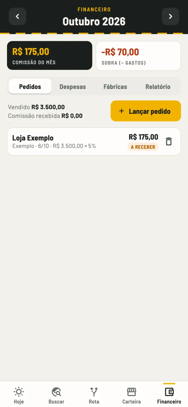 Financeiro de outubro com comissão do mês, gastos e pedido a receber